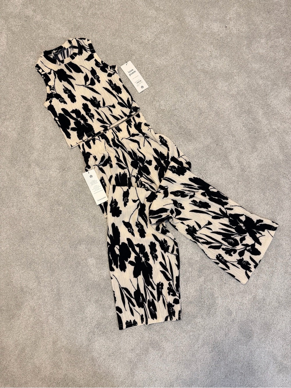 Sleeveless Black Floral Crop Top & Wide-Leg Jumpsuit Set - Black on Cream